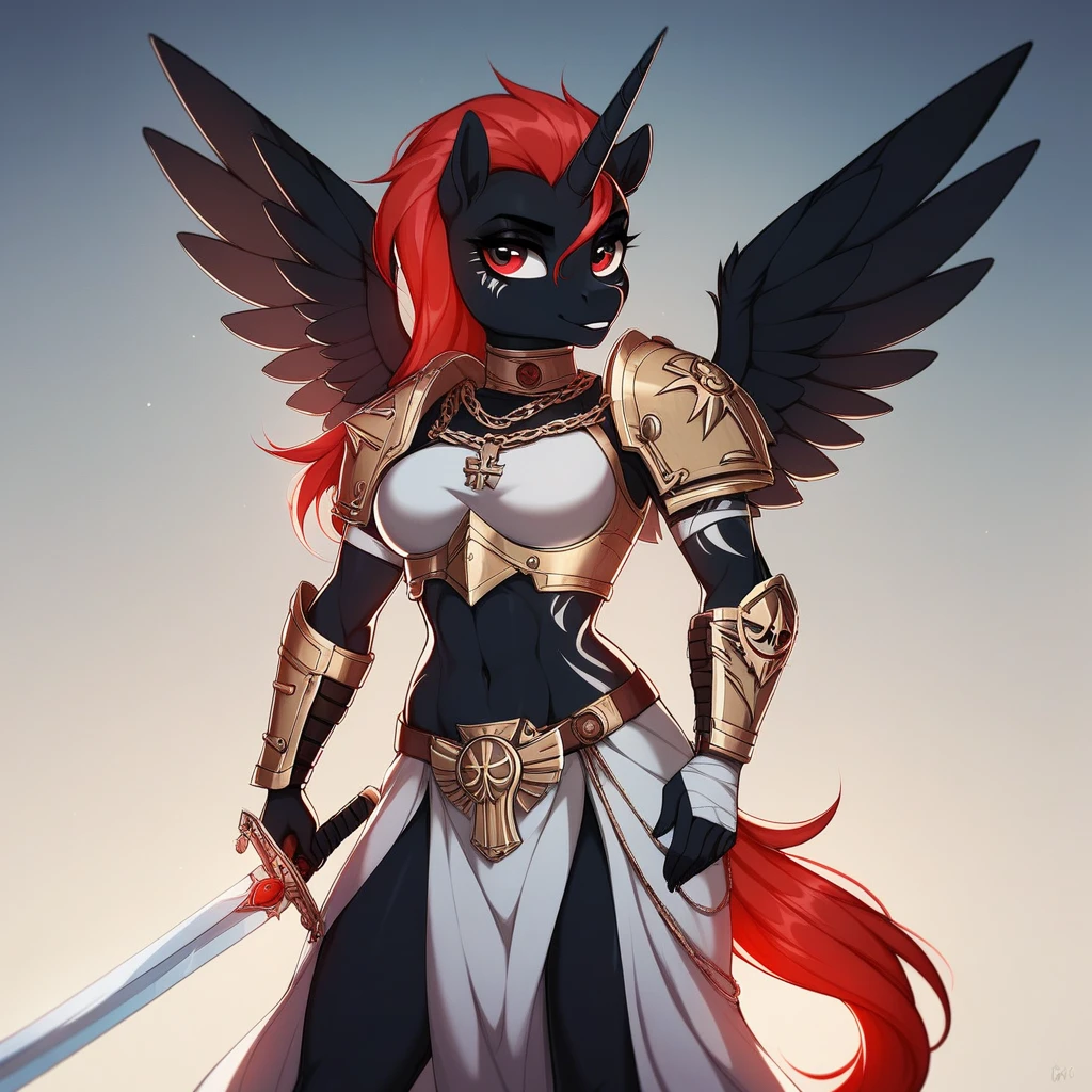 score_9, score_8_up, score_7_up, (An Anthro furry wolf girl, yellow furry body, red hair, tail, wolf snout, black nose, MaleniaRot, wings, covered eyes, scar, butterfly, bug, nude, prosthetic arm, prosthetic leg), naked, nipples, , majestically floating, holding a golden curved sword, simple brown background,