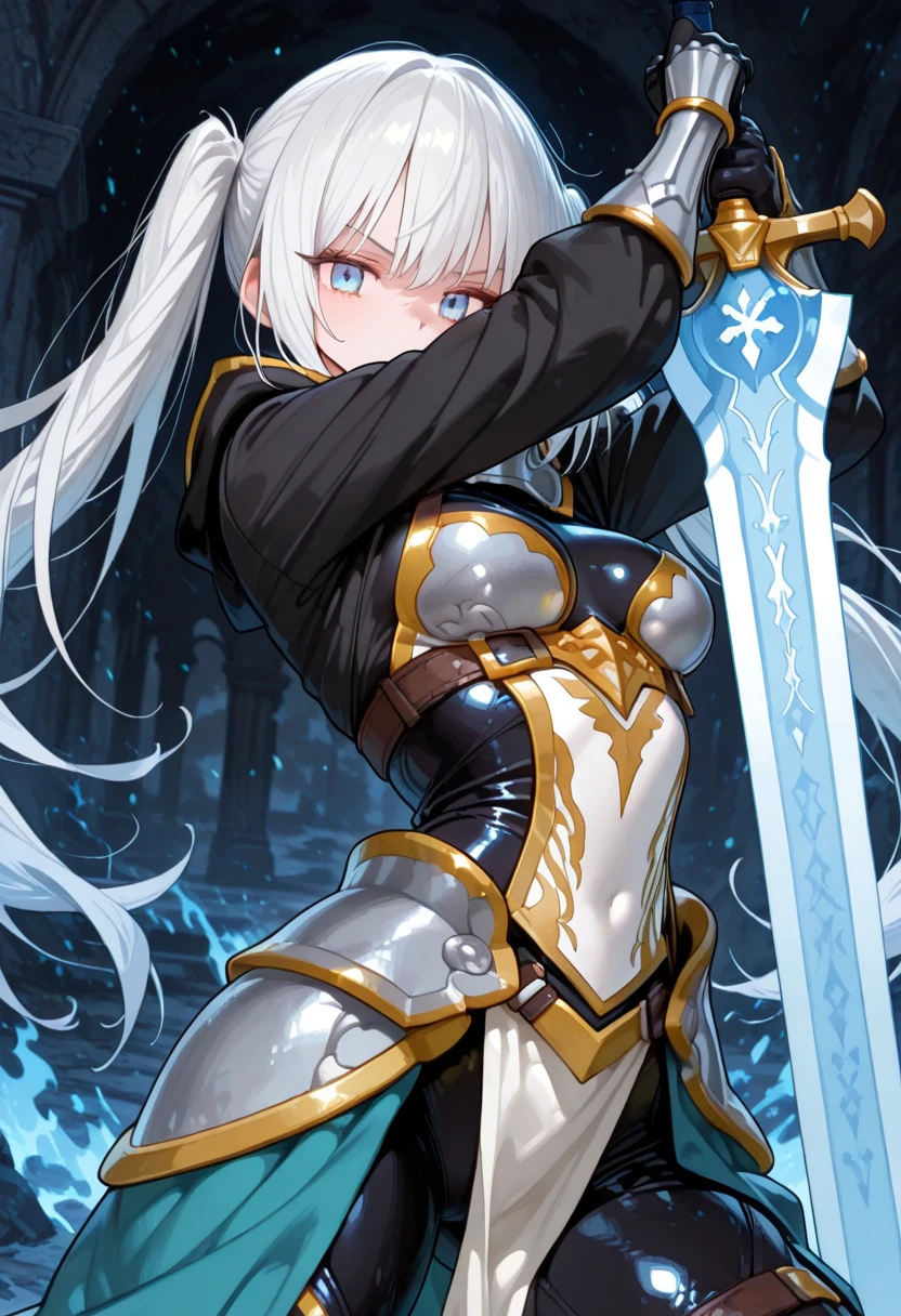 Hilda has long silver hair and piercing blue eyes.. She has an imposing and athletic presence, often seen in their light battle armor, that combines functionality with elegance. She carries a large spear, your weapon of choice, which symbolizes his prowess in combat.