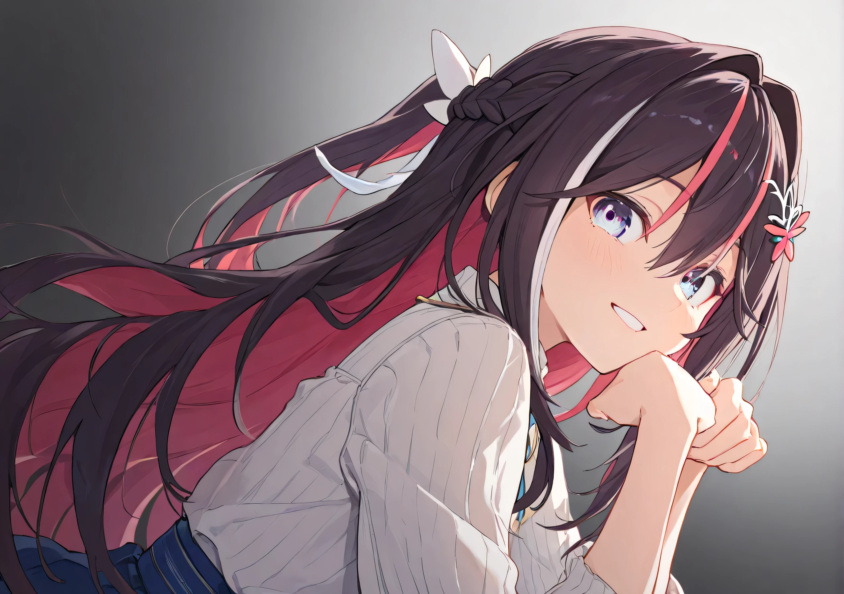 Azki, multicolored hair, long hair, french braid, hair ornament, 、 gold、 blue eyes、 beautiful and delicate eyes, Best Wells Quality,Great product、 black grey background 。 Illustrations depicting {x} 数メートル離れたところからの視点Illustrations depicting。solo。 stylish pose、is cool。cool、 Smiling at 、 Immersive 。belligerent eyes 、 cute pose:1.3 Illustration of the upper body where the left eye emits light 、, Open your eyes 。