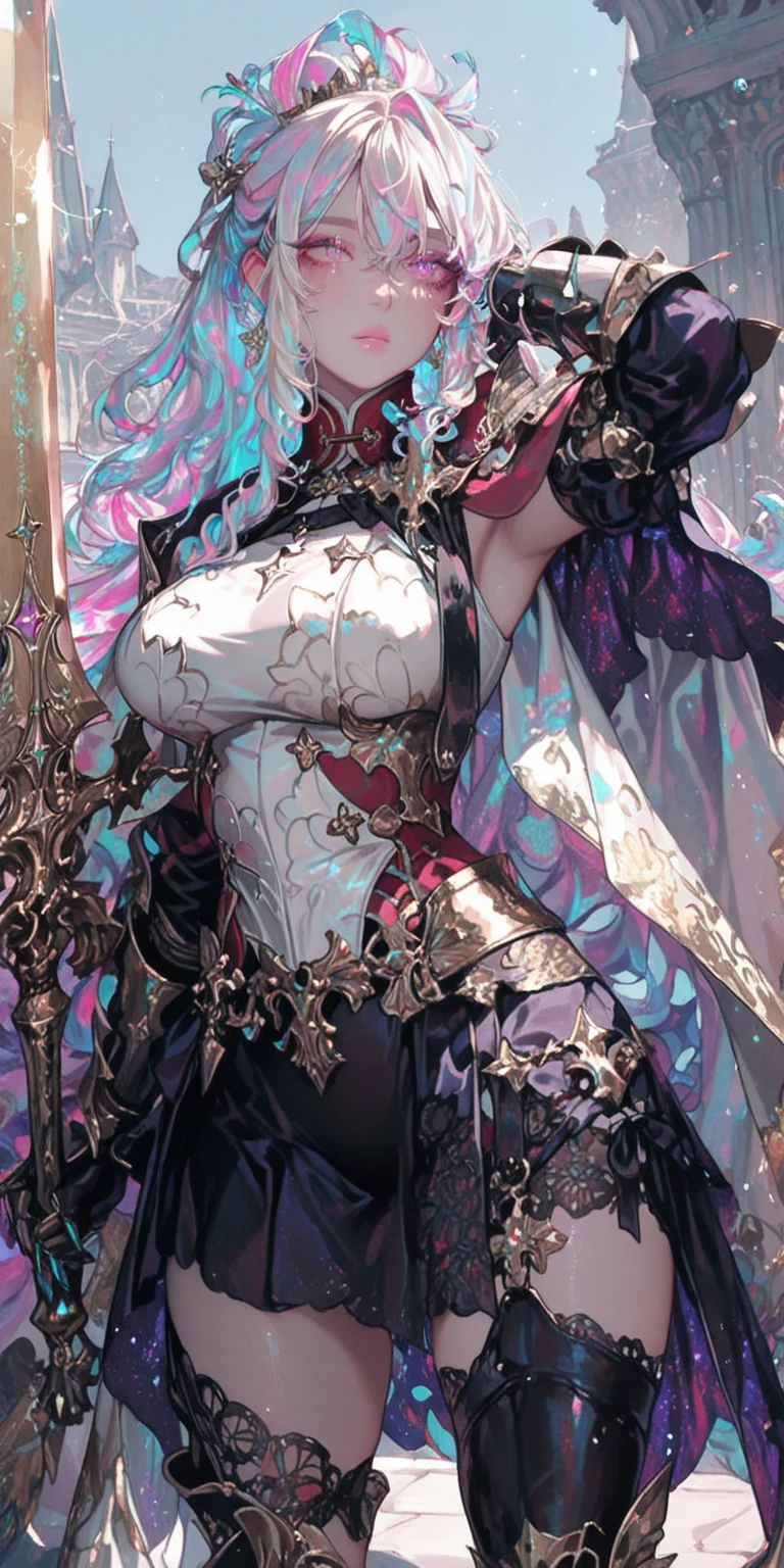 1girl, dress, solo, breasts, long hair, black dress, red eyes, long dress, gloves, holding, black gloves, staff, pink hair, full body, black footwear, high heels, very long hair, holding staff, bangs, cleavage, crown, large breasts, rigging, elbow gloves, center opening, <lora:ClemenceauV1.0:0.8>, clemenceau, standing