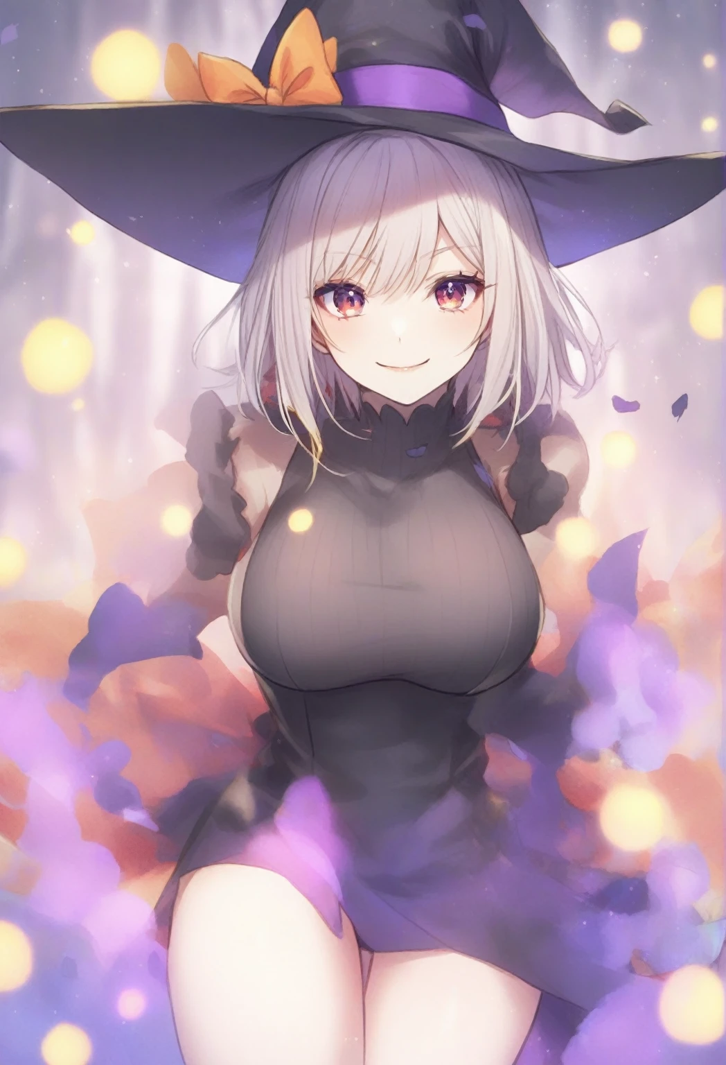 tiny girl,Colossal tits,Smile with open mouth,short silver hair,Halloween Costumes,the witch,Halloween Backgrounds ,hair adornments,Heterochromia,Top image quality,Best Quality