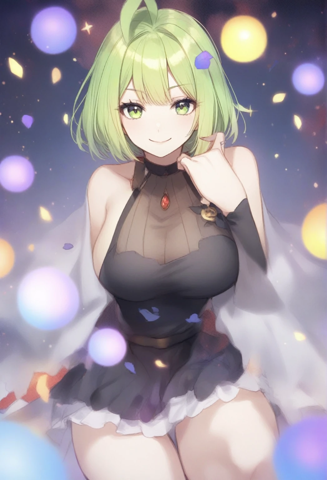 Top quality, very delicate and beautiful, (teenage girl), purple eyes, green hair, short hair, (purple pointy hat), purple tie, one, short sleeves, purple skirt, purple wizard robe, navel