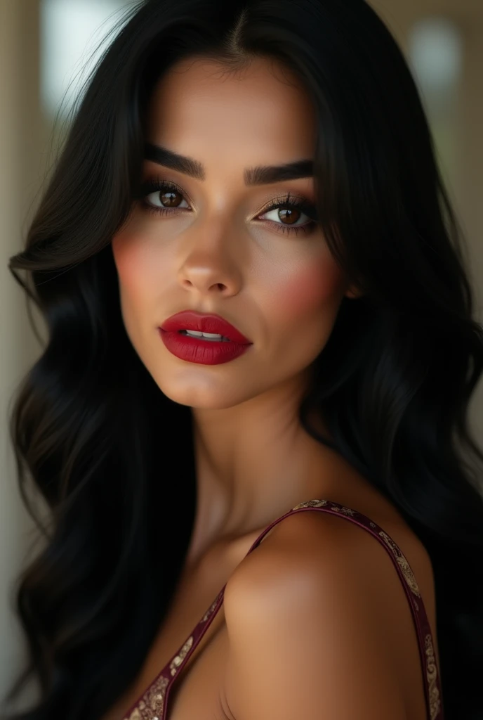 close-up, extreme close-up, close-up portrait, portrait, ultra realistic, photography, long black straight hair in a ponytail, elegant perfect hair, (30 years old, hazel eyes, hourglass figure, perfect fit body, natural big breasts), firtatious look, crimson red lipstick, femme fatale, she is a sex icon, she is a sex goddess, long eyelashes, cat-eye make-up, she is completely nude, she is completely naked, highlight her cleavage, highlight her curves, she has her hands on her neck and her head slightly leans backwards, her eyes focus the camera and her lips are slightly parted, she hides her breasts behind her arms