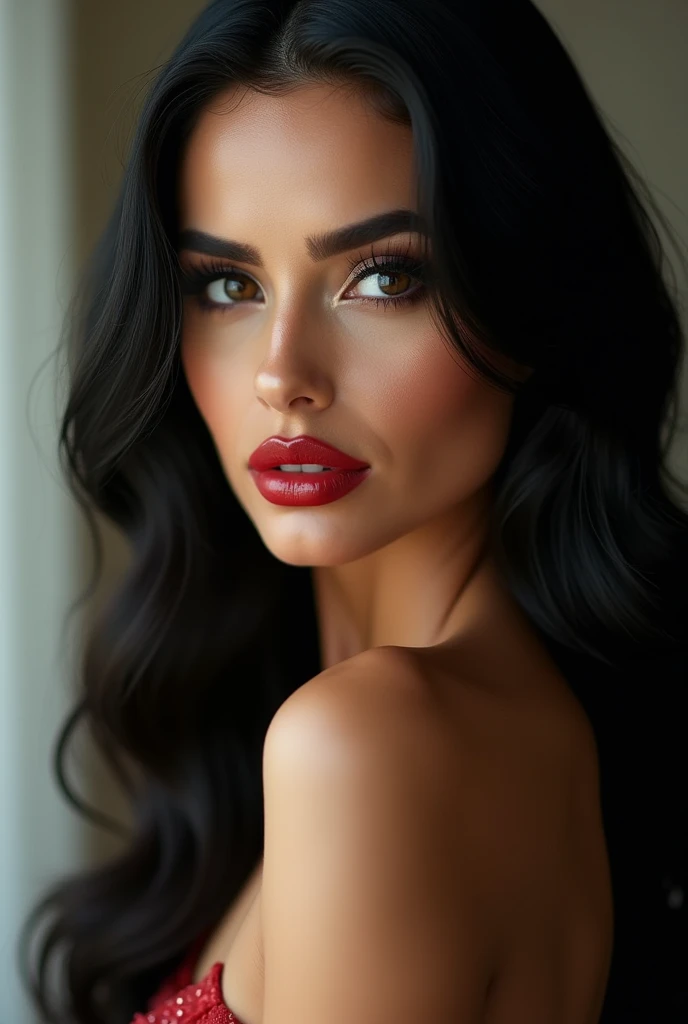 1girl, black eyes, black hair, breasts, brown eyes, cleavage, open mouth, eyelashes, forehead, grey eyes, lips, long hair, looking at viewer, makeup, nose, photorealistic, realistic, red lips, solo, upper body