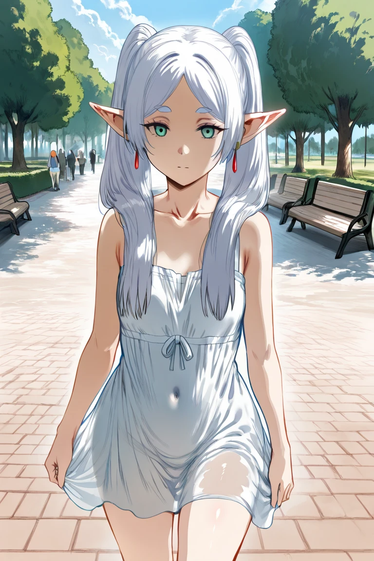 1girl, crowd, (((flat chest))), pale skin, slender, pointy breasts, white hair,very long hair, cowboy shot,city streets, very long nipples,((loli))