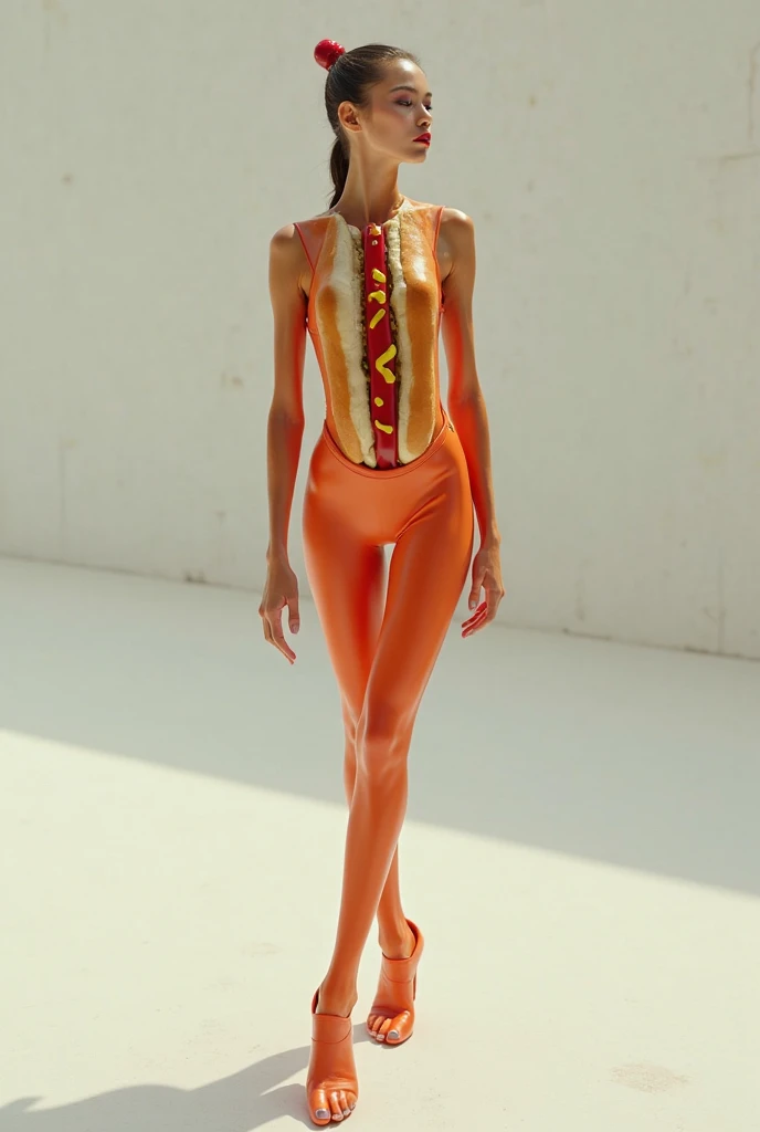 A Girl covered with orange dressing and walk on the ramp and say subscrib FactDail YouTube channel