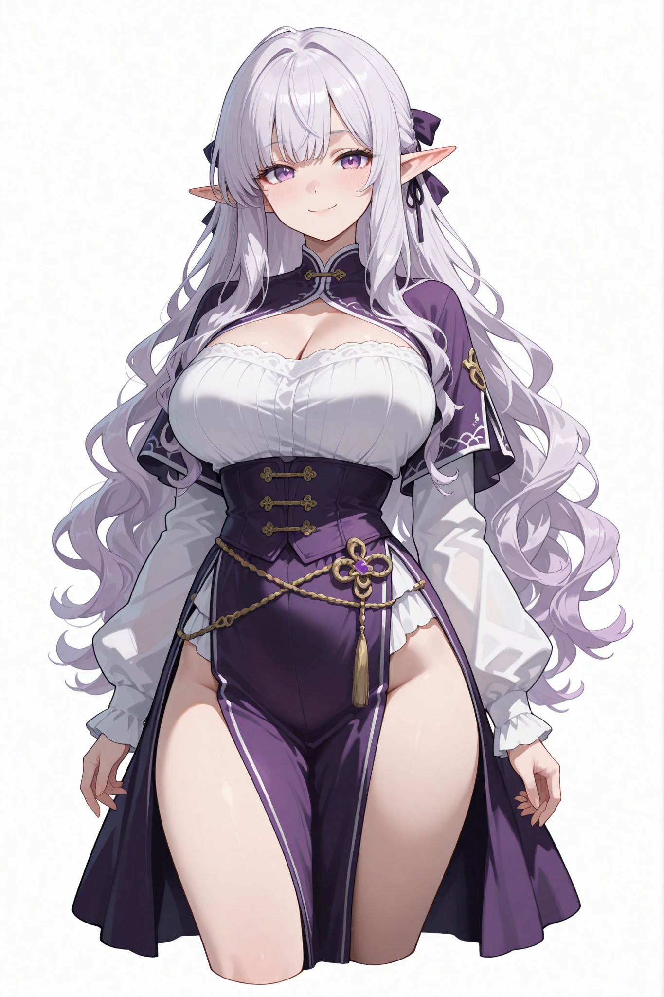 emilia, white hair, long hair, purple eye, navel, short skirt, cleavage, medium breast, slim legs, nervous, garden