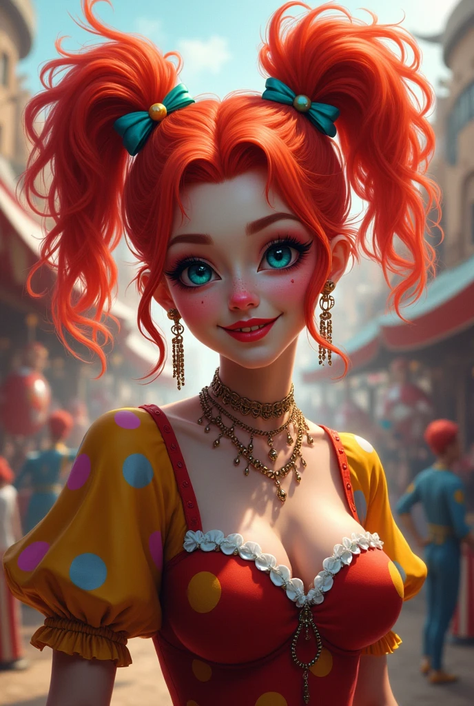 A charming and captivating anime-style 3D rendering of a female clown. She has a voluptuous yet slim body, red wavy hair, and a vibrant outfit with a large red nose and colorful makeup. The clown is handing out pamphlets to visitors with a cheerful smile, welcoming them to the local circus act. The background showcases a lively circus scene with various performers, animals, and a colorful big top., anime, 3d render