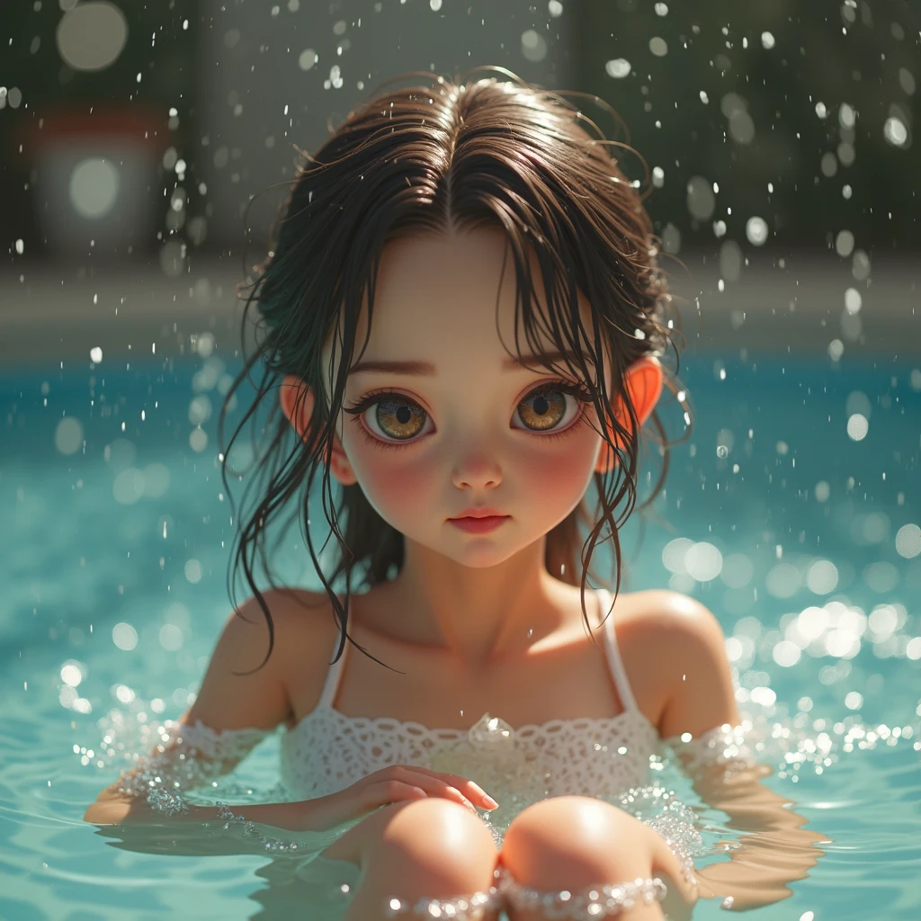 (tmasterpiece，Best quality at best，absurd res)，A cute chubby little girl，Double bun and bangs，Swimming，