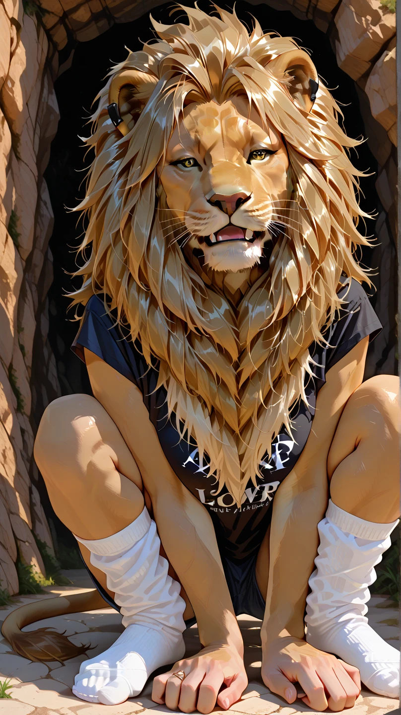 Lion、JK,A lion monster with a golden mane 、roar、loose socks、savanna、melew、cliff