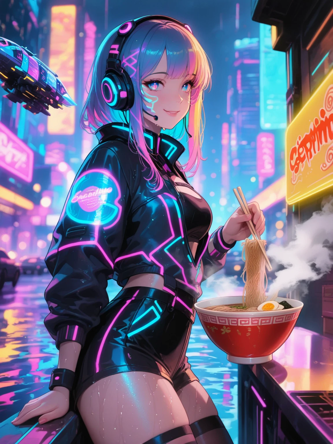 (best quality, masterpiece), 2girls, hologram, cyberpunk, neon, fog, (cartoon: 1.5), thong, tight, small, neon signs, ramen shop, fishnet stockings very low, transparent, very long hair, on piece suit, latex
