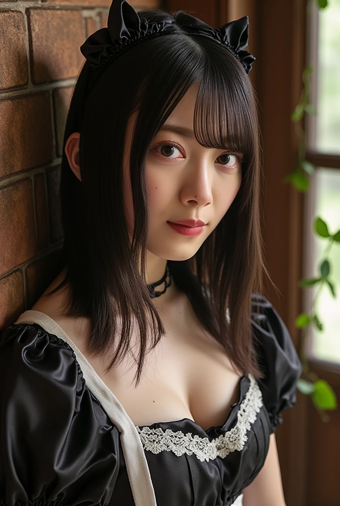 Masterpiece, Top Quality, Illustration, Super Detailed, Finely Detailed, High Resolution, 8k Wallpaper, Perfect Dynamic Composition, Beautiful Detailed Eyes, Gothic Lolita, Frilly Skirt, (Black Hair 1.2), (Huge Breasts: 1.4) ), cleavage, nice pose, sneer, mansion, 18 year old girl, nice, (cute:1.3), (beautiful:1.5), sexy shot looking at camera, sideways glance, glare, moody, downer, cool, boyish, sleepy looking, smile, portrait, gothic makeup,
