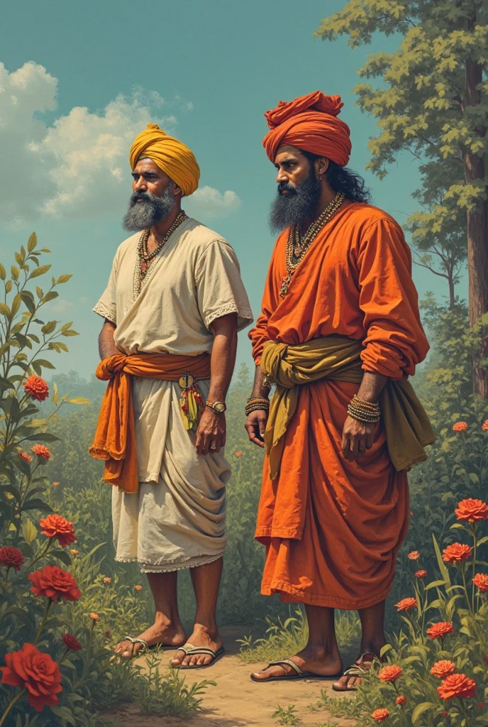 Two Punjabi people of old Indian Empire, coming towards in baren land in background , taking ash pot of their emporer , pot is small , in pencil sketch format
