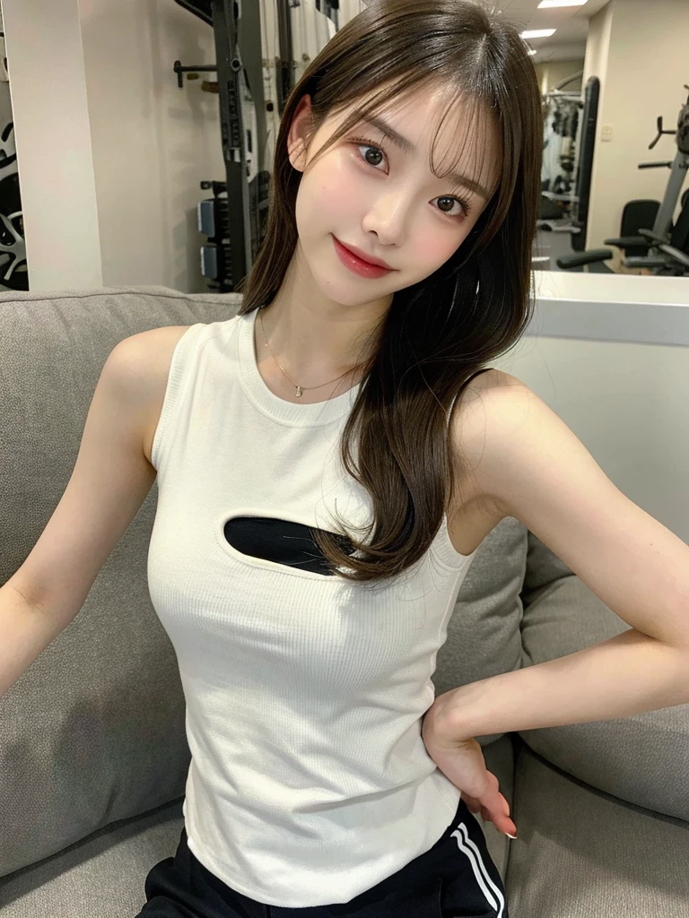 araffe woman in a white shirt talking on a cell phone, smooth white tight clothes suit, 奈良美智, 🤬 🤮 💕 🎀, 2 4 year old female model, xintong chen, 8k selfie photograph, sport bra and shirt, pale milky white porcelain skin, wenfei ye