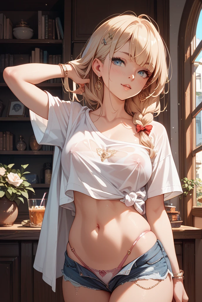 masterpiece、highest quality、Very detailed、An illustration、Beautiful fine details、One Girl、cute、Detailed landscape、Training Room Background:1.4、Platinum Blonde Hair、Braided Ponytail、Red camisole、((a cup breasts, Tank top showing underboob:1.3))
