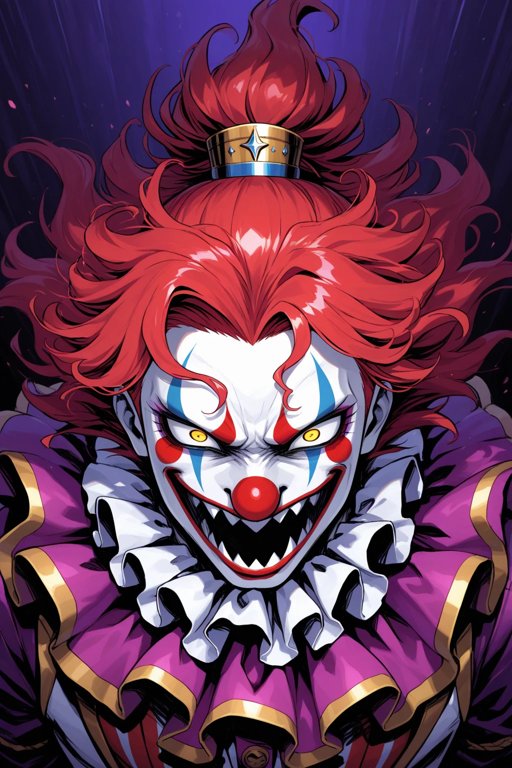 (Wild clown figure:1.4), (maniacal grin:1.3), (multicolored jester hat:1.2), bright red skin, (blue wild hair:1.2), (oversized gold earring:1.1), (dark starry background:1.2), exaggerated facial features, (chaotic energy:1.3), vibrant colors, (orange ruffled collar:1.1), (intense eyes:1.3), (comic book style:1.2), horror theme, detailed textures, dripping details, (frightening aura:1.2), bold line art, dynamic expression, (macabre humor:1.1).