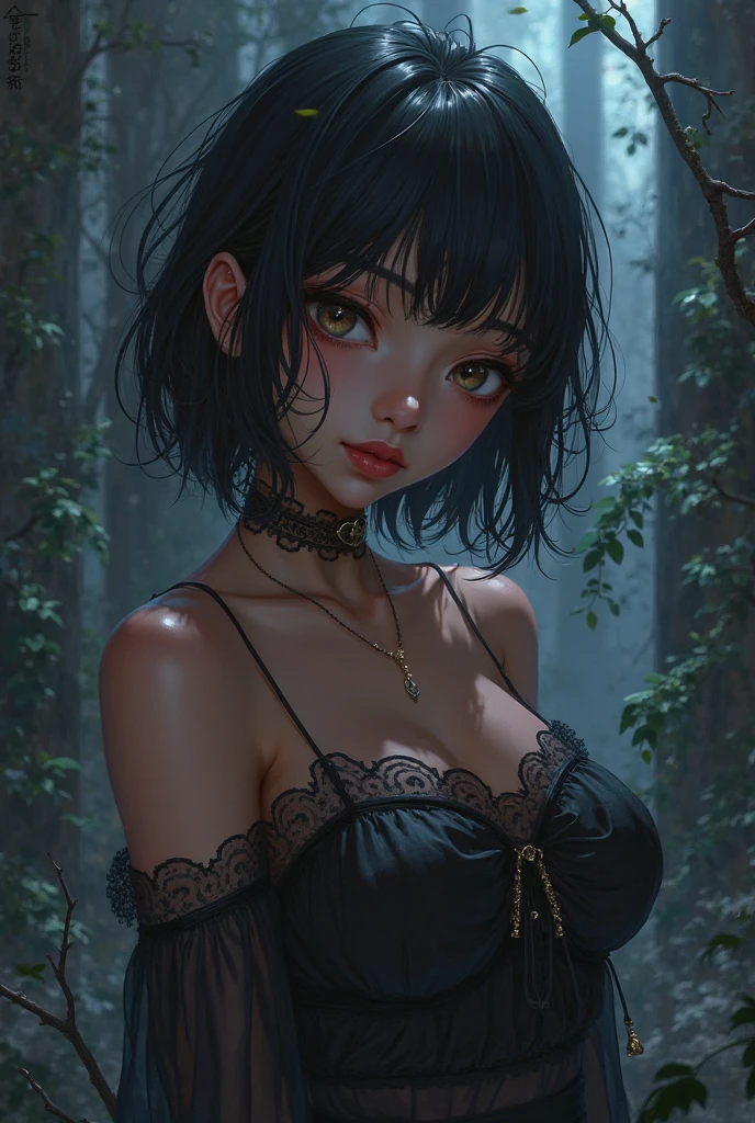 (best quality, ultra-detailed, photorealistic: 1.39), bright and vibrant colors, studio lighting, romantic expression, An effeminate girl, with a delicate and beautiful face. She is a girl who reflects seductive beauty, sparkling eyes, dark gothic makeup, dark gothic punk style, gothic healed woman, A Beautiful and adult tattooed woman and voluminous bob dark gothic black hair, hair clip, crying a seductive 2 woman with big breasts seduces, matches the gothic makeup, with her large breasts seduces, gothic style sexy lingerie, horny goth, expression of excitement, gothic sexy panties, masochistic goth, black sexy lingerie, chained, with her blue eyes that matches her soft smile, black gothic style, in a beautiful pose demonstrating her seduction  in the park at night, dark, nervous lighting, moon,, haunted gothic party, night with soft lighting, anime style, like a manwha character 