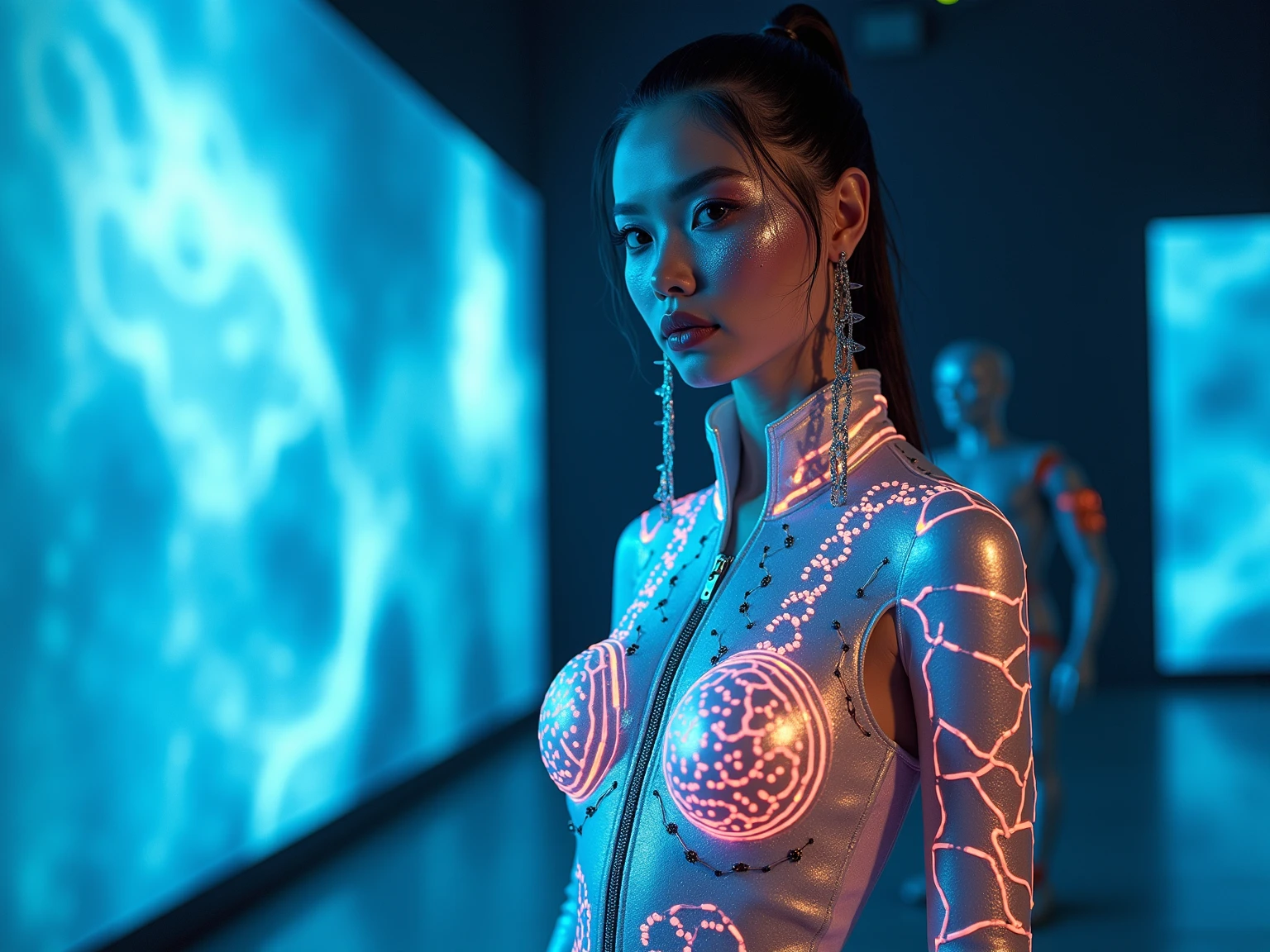 bioluminescent woman wearing plastic clothes, neon lights, venta black background with jellyfish in the background