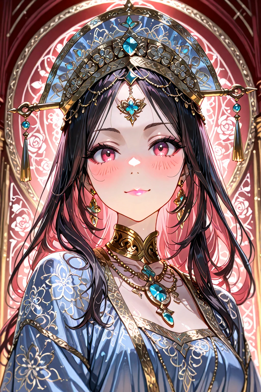 (Masterpiece, Top Quality, Best Quality, Official Art, Beauty and Aesthetics: 1.2), (1girl: 1.3), Very Detailed, (Fractal Art: 1.1), (Color: 1.1), Most Detailed, (Zentangle: 1.2), (Shiny Skin), (Earrings: 1.4), Simple Background, Head Close-up, Conservative Clothes, No Chest