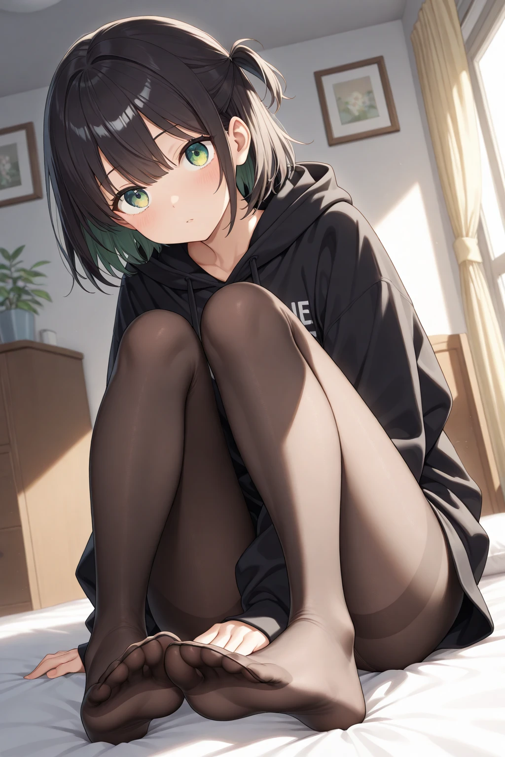 high quality, anime style, solo, 1 girl, beautiful body, medium breasts, big ass, thick thighs, short black hair, green eyes, shy, blushing, wearing