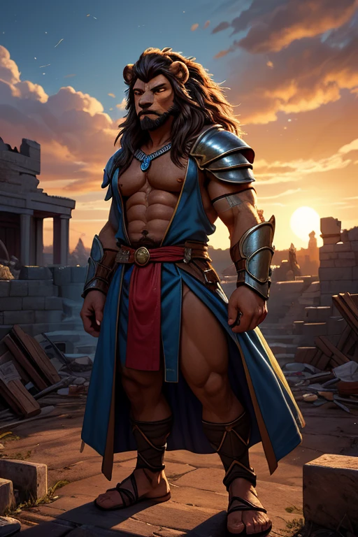 A male barbarian from the south. Good looks. Muscles. Dark skin. black dreadlocks that fall down her back. The sides are shaved bald. Shiny green eyes. deep-set eyebrows. A long face. Shaved. Long nose. Curved lips. Long strong neck. Brutal. Aggressive. Fight. Wearing a barbarian arenafighter clothing. Background: A roman gladiator arena. Blue sky. Sun is shining.