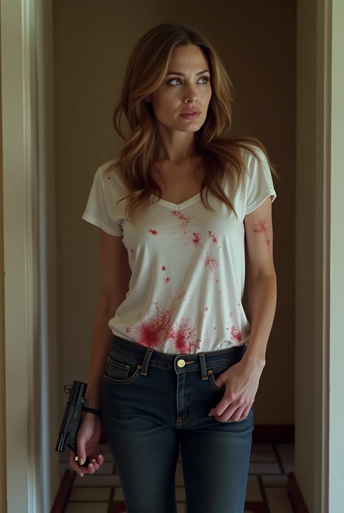 masterpiece, best quality, detailed face, Halloween white tshirt in a garage, leaning on a workbench, solo, a woman, beautyfull woman, red lips, pretty face, big , 12 years old, round breasts, look sexy, (((serious face))), (look intense), (open mouth), (((slim body))),