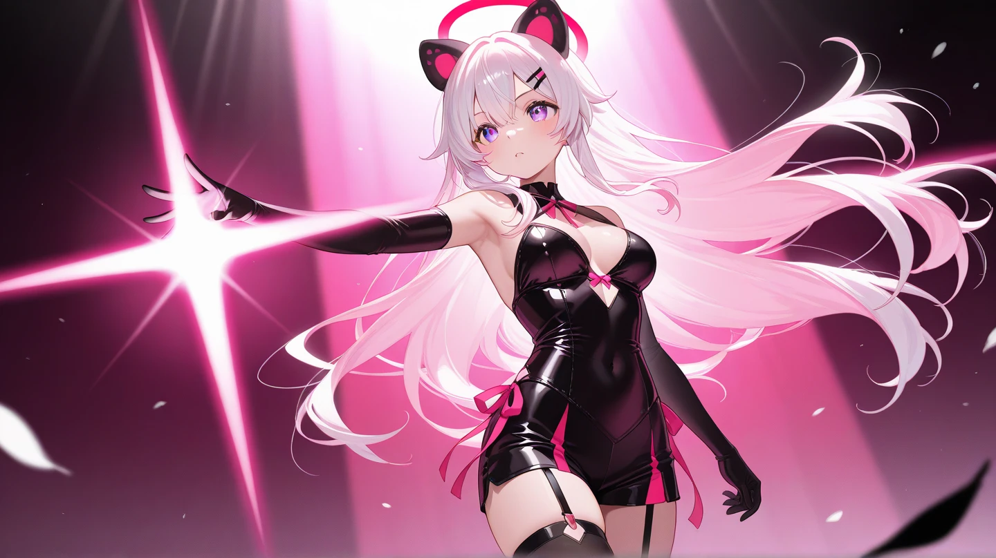 Adult girl, long white hair, high ponytail, pink eyes, bat wings, black rich dress, anger, masterpiece, high quality