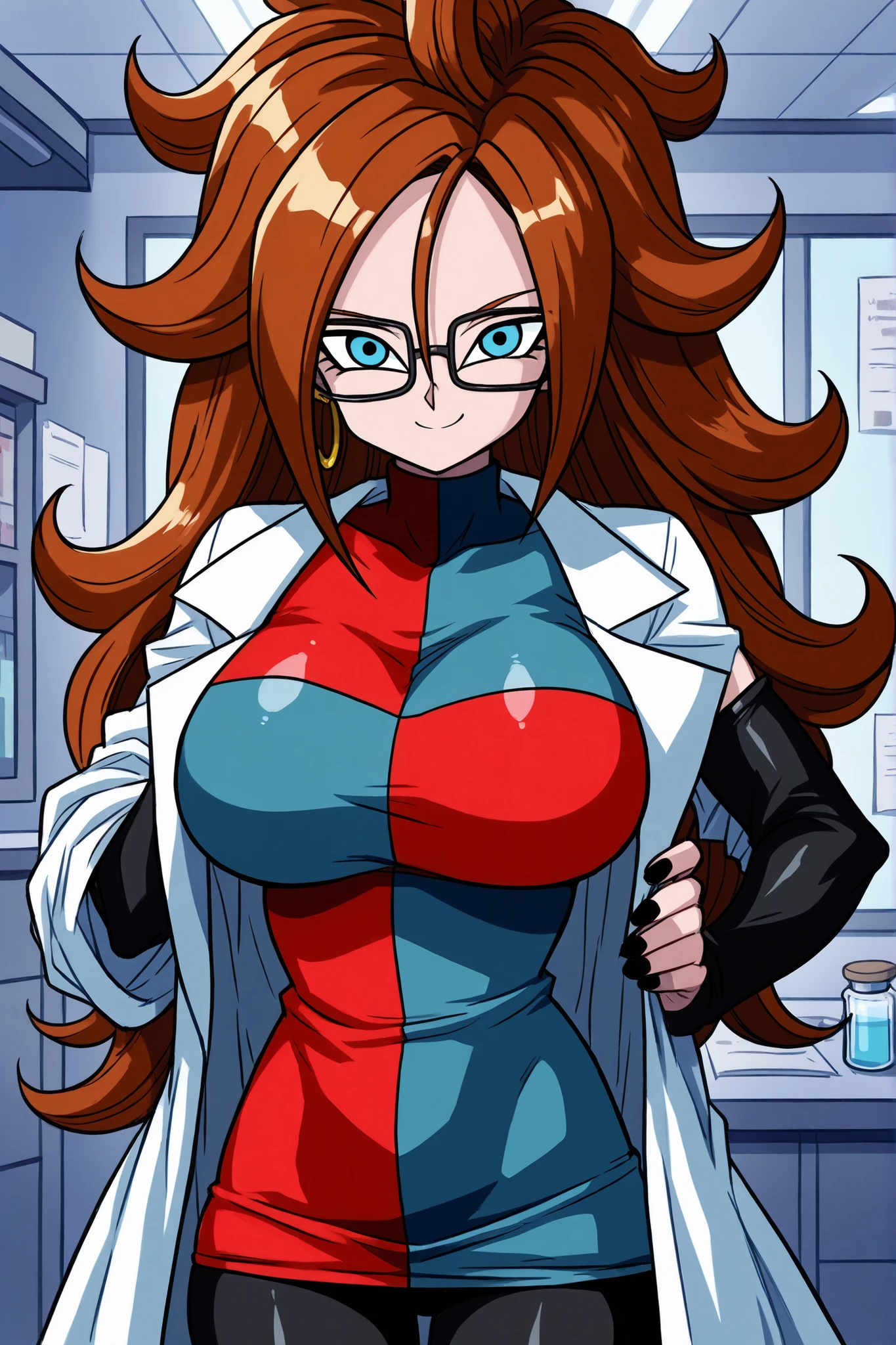 android 21, blue eyes, brown hair, glasses, long hair, very long hair, black-framed eyewear, happy face, little smile, close mouth, black sleeves, checkered clothes, checkered dress, detached sleeves, dress, lab coat, turtleneck, indoors, Black pantyhouse looking at viewer, sexy body, large breasts, front view, standing, Black pantyhouse, Black pants, black nails,