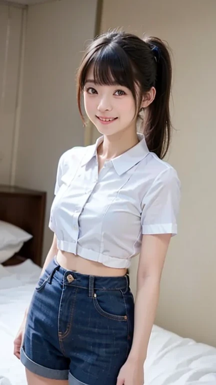 (8k,RAW photo、RAW photo、highest quality、master masterpiece:1.2)、Super detailed、super resolution、(Photoreal:1.3)、((shot the cowboy from below:1.4))、Clearly depicts the shadows of light、High resolution RAW color photos、professional photos、((hotel bedroom:1.4))、((sit on bed with white panties visible:1.4))、((smile))、I draw it faithfully to the anatomy..、((slim woman:1.4))、very detailed and beautiful、super high quality、((Boyish Hairstyles:1.4))、((short hair girl:1.4))、beautiful girl、((A woman wearing a white short-sleeved shirt:1.4))、((A woman wearing a denim miniskirt that emphasizes her thighs.:1.4))、((smile:1.4)、Upper body、