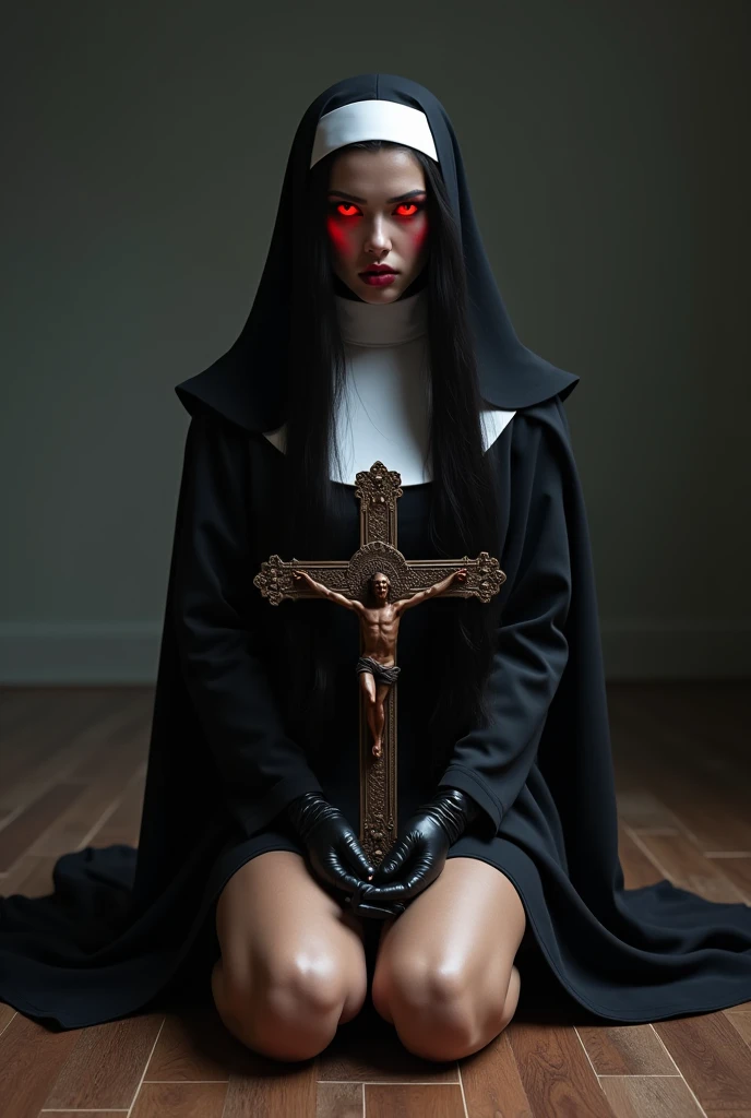 ral-opal, meahophontron, whole body, Sexy woman face, devil nun, negro, looking to the camera, nun body clothing, Red eyes, primer plano looking to the camera, realist, Beautiful woman, cara sexy, black clothes, gray and red, big tits.