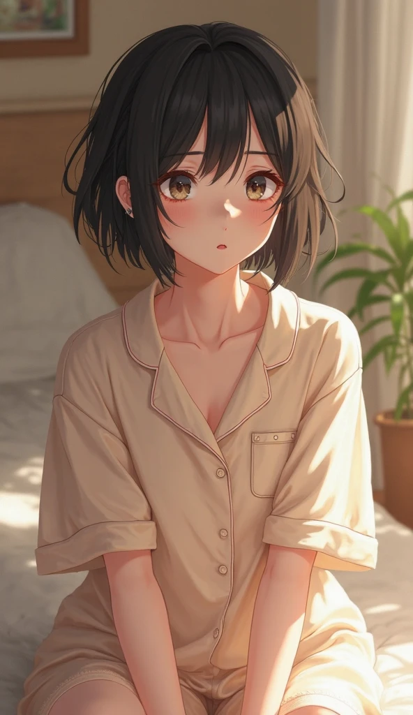 (((Masterpiece, highest quality, high definition, high detail)))), (((modern))) Best god quality, SOLO, SINGLE GIRL, no one in background, solo girl, detailed, a room background, (single girl laying on bed) 1girl, tomboy, dark skin, short brown hair, brown hair, hazel eyes, eyelashes, smug expression, pajamas, booty shorts, oversized shirt, laying down, looking at viewer, facing viewer, smirking stare, blushing, hands undercover, laying in bed, (((SOLO))), (girl in middle standing)