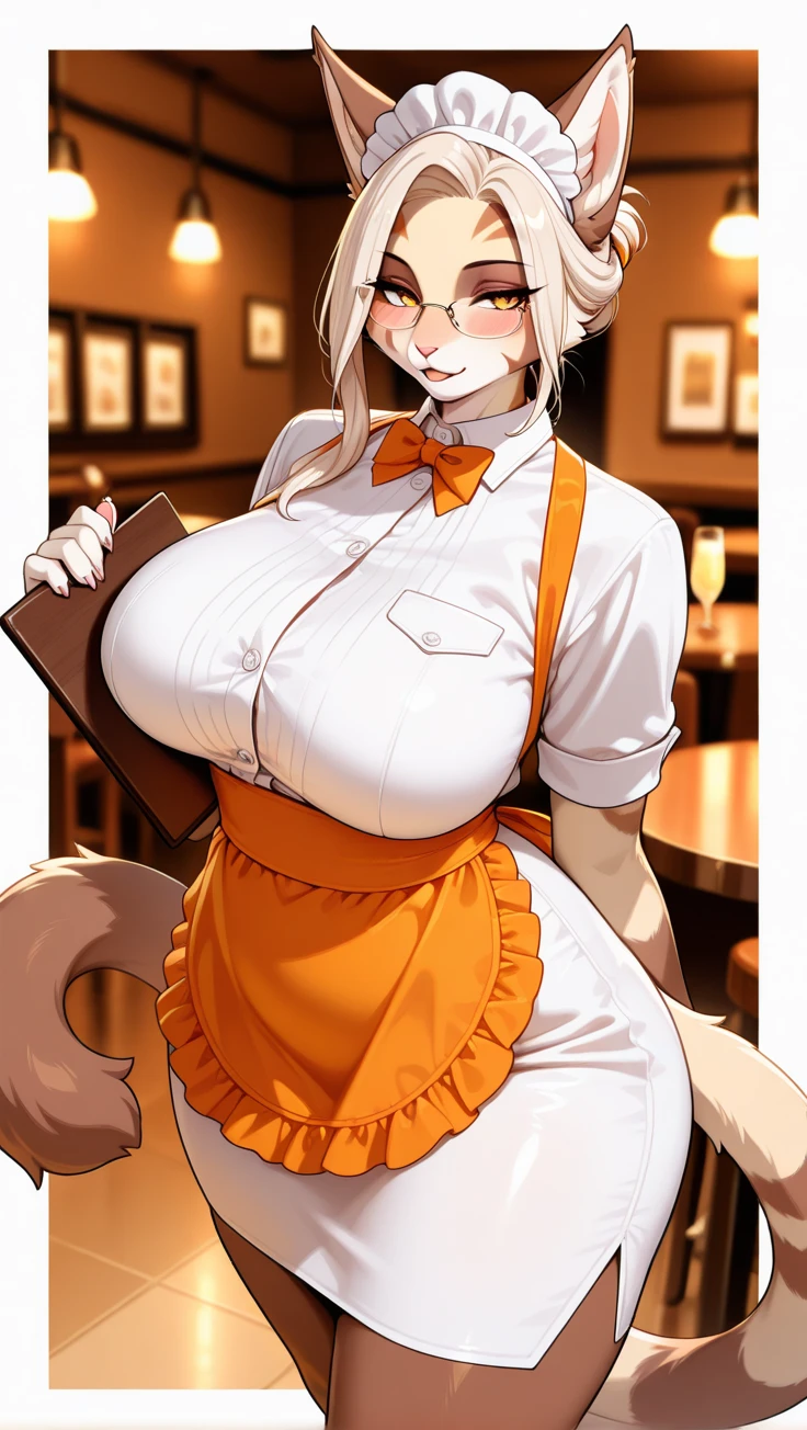 masterpiece, best quality, loona hellhound, (((wearing nothing but a green apron))), big breast, detailed face, dog snout, dog ears, detailed eyes, (slit pupils, white eyes), red sclera, wolf tail, [smile, blush], ponytail, cafe counter, hot coffee on counter, her breasts are  lactating milk into the cup, nsfw