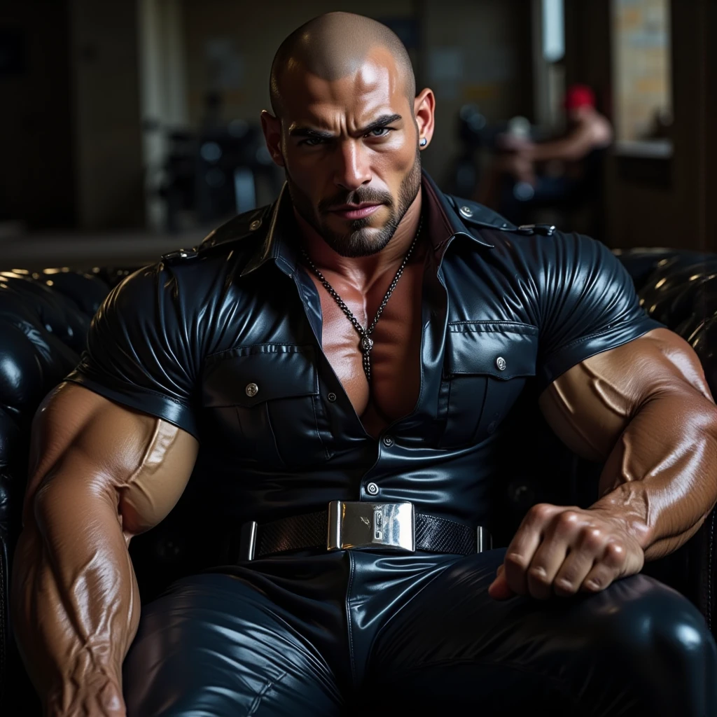 wesker from resident evil 5, muscle, in shades and tight shiny black leather speedos, manspread in the bench on the beach. hands over head