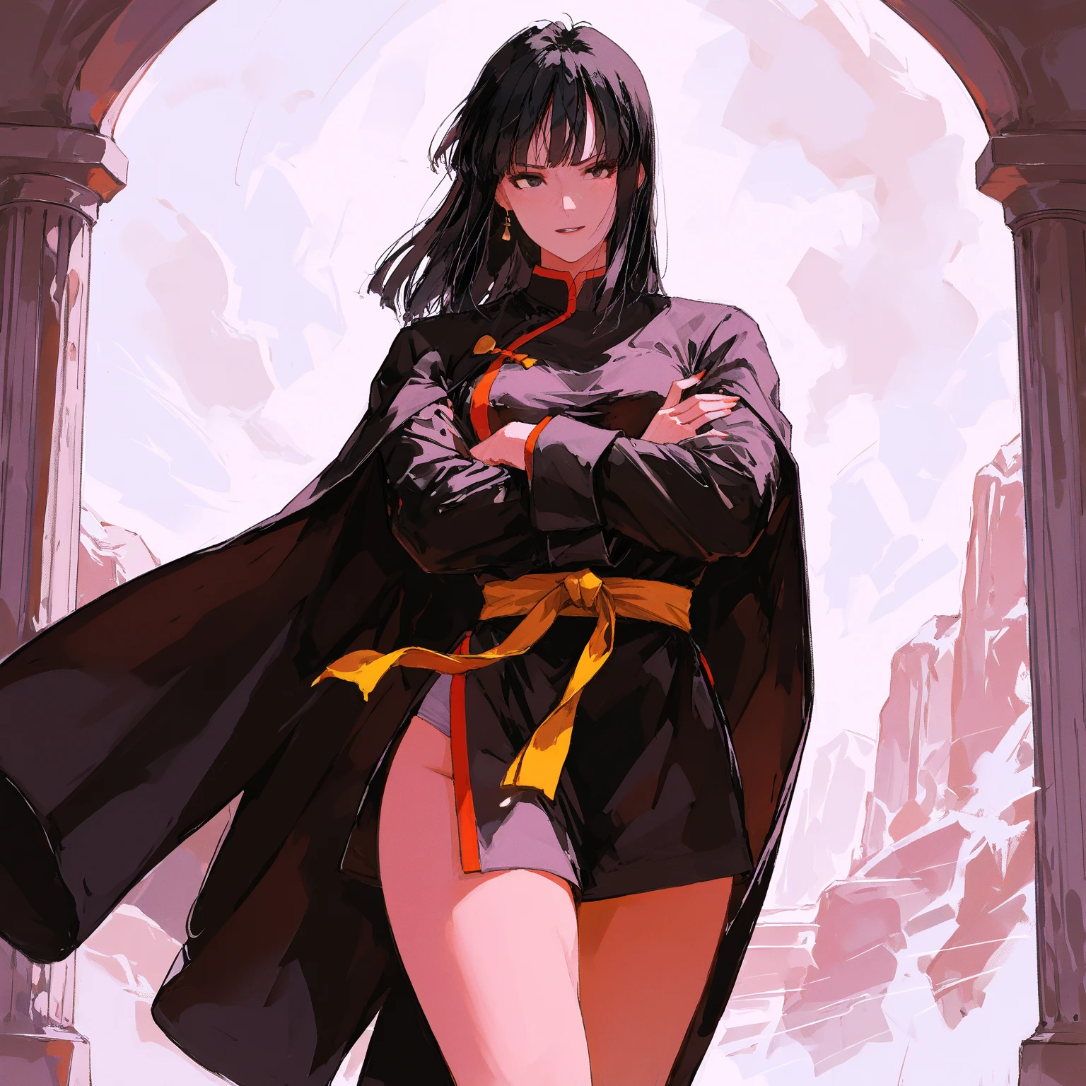 a beautiful and detailed image of meru , merunyaa,(red skin:1.3), horns,clothed,(frecklelowing white dress,backlighting, field of flowers, holding flower, flower hair accessory, yellow eyes,smile, clouds,in front, alone, pants, medium breast,, knife holding, cloak, cape, walking, pants, solo, flip flops boots, full body, big breast, pullover, forest, tree