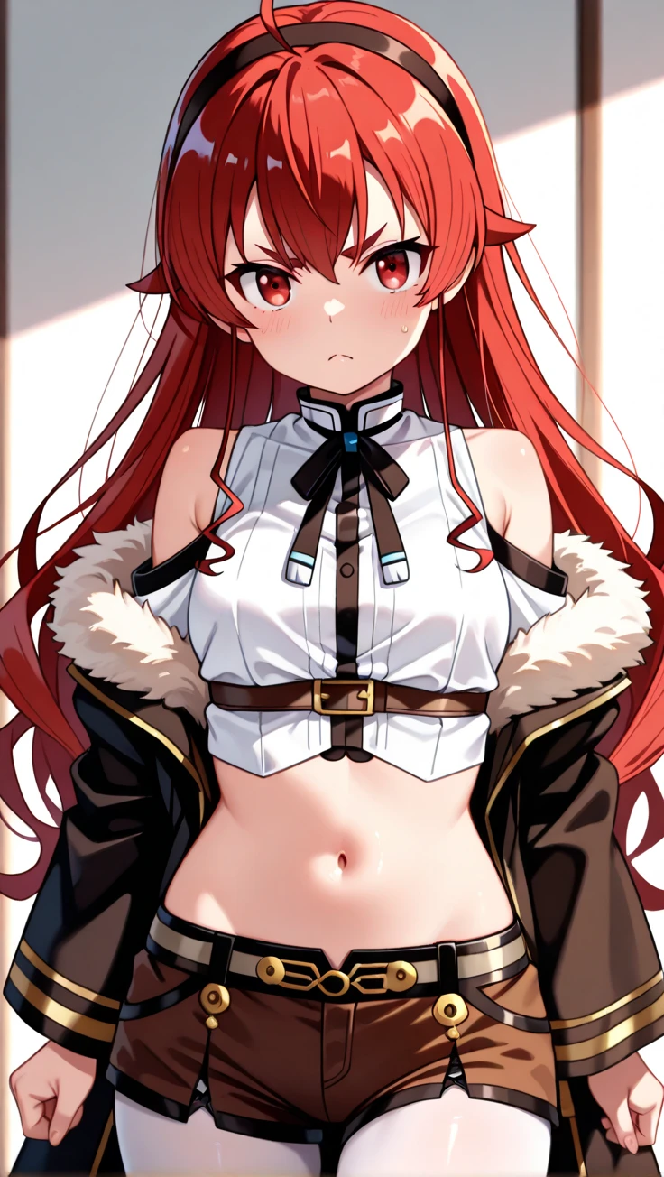 (((Disgusted face))),red eyes,red eyes,(bra,shorts),cleanched teeth,perfect eyes,best quality