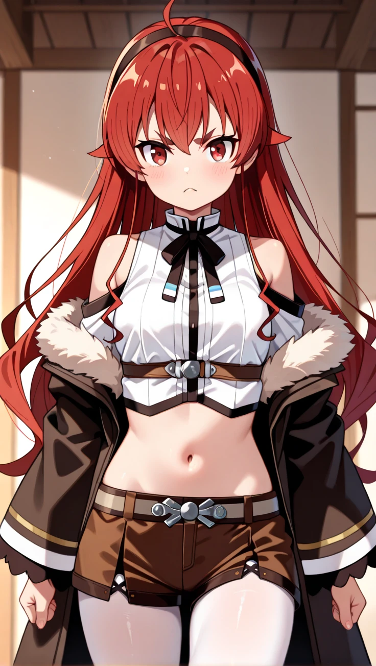 Best quality at best, (tmasterpiece:1.2), detailed,
1 girl, Alone, Keep your mouth shut, Be red in the face,
long whitr hair, redheadwear, ahoge, red eyes, black hair band,
White dress, exposed bare shoulders, Neck strap, black ribbon, Dark brown skirt, long sleeve standing, looking at viewert,(skirt lift:1.Ink lace panties:1.3)、(Rolled up skirt:1.3)、(Fully exposed pInk lace panties, :1.5)
Indoors, janelas