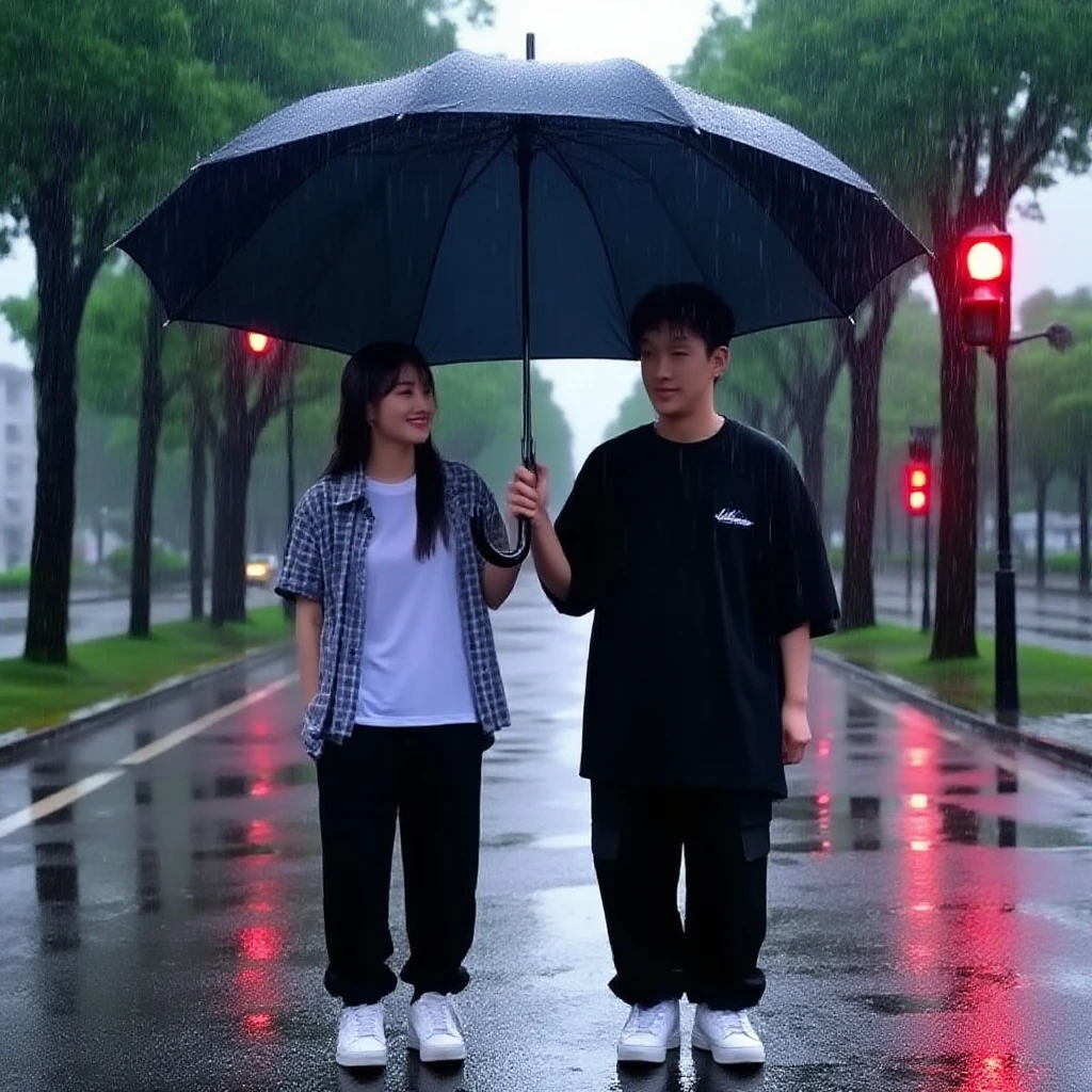 A sad little girl in a dress eighteen walking crying in the rain，An old man chased behind to give the girl an umbrella。