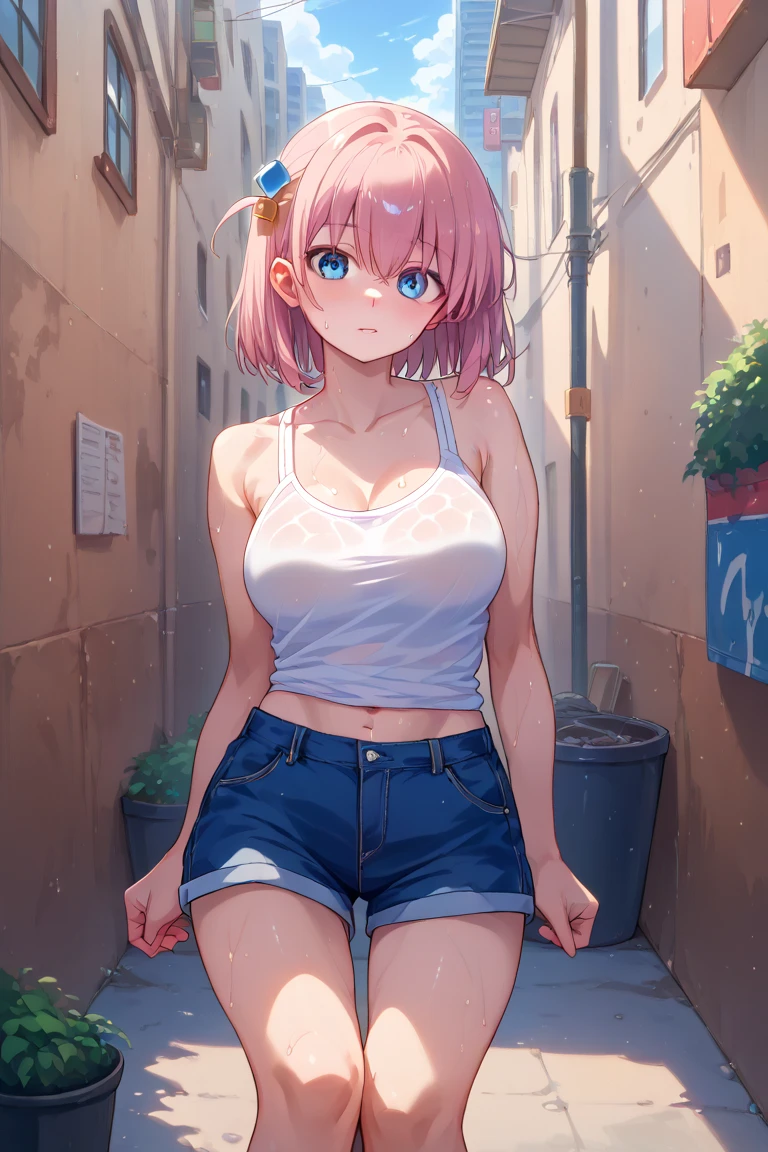Female 15yo, light pink hair, hime cut, J cup breast, thicc thigh high, short shorts, white tube top, Balcony, clear view, cute smile