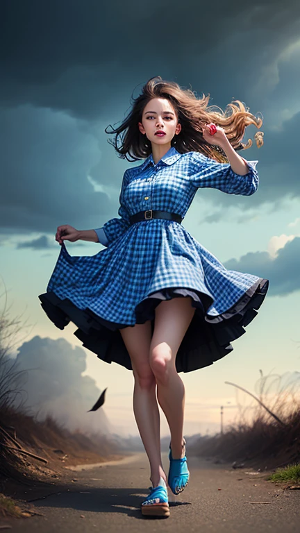 a pretty woman, 42 years old, Brown hair, pretty face, blue dress, black riding boots, giantess, POV shot, lifts her right foot, Boot sole, FULL BODY shot 