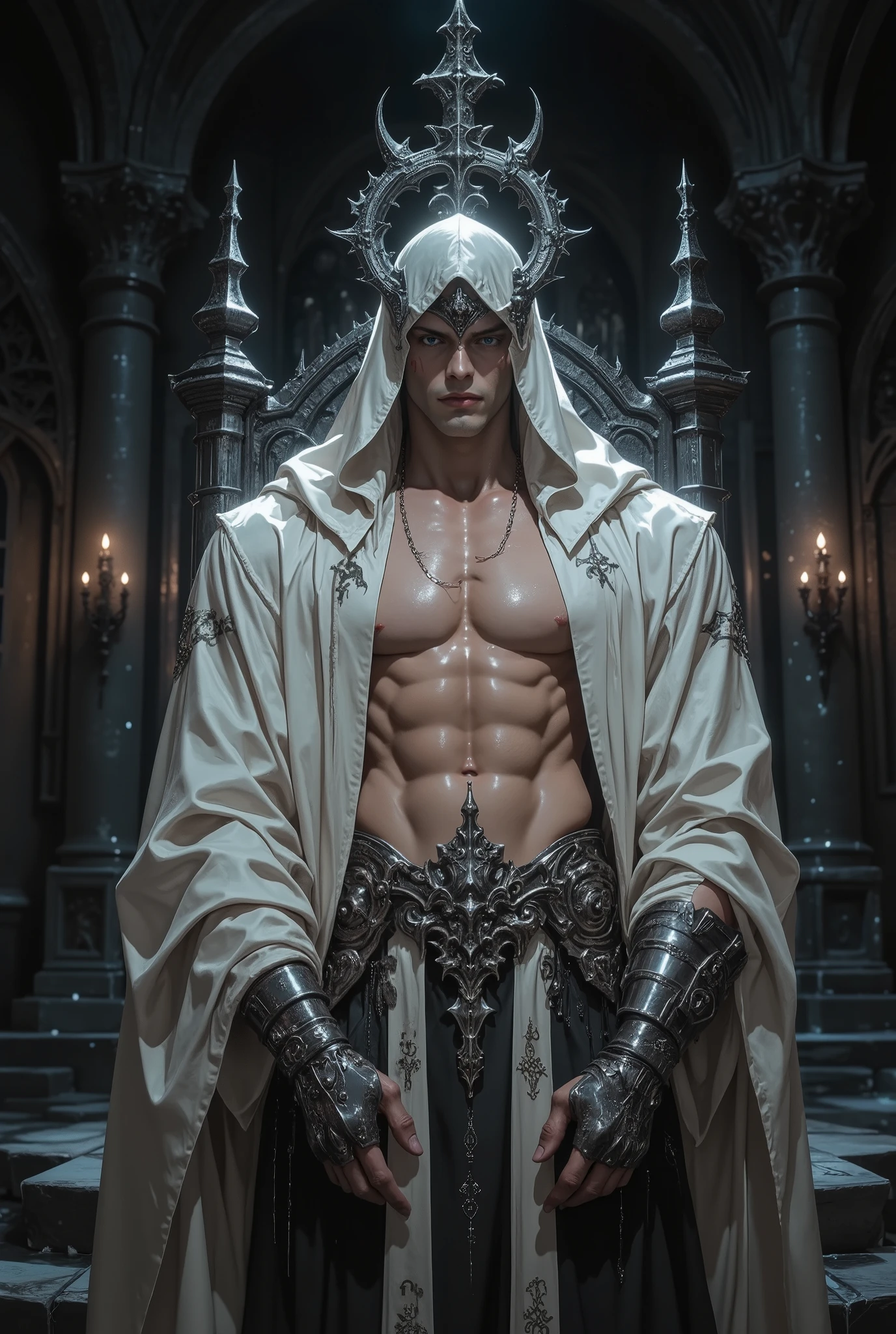 handsome young man in gothic robe with chains, white skin, realistic, same face,full lips