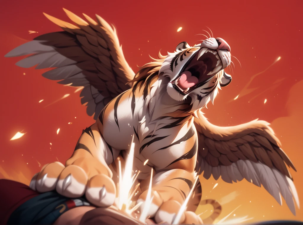 Fur and glory, winged tiger, shout of victory