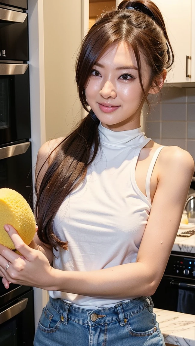 Very detailed CG Unity 8k 壁紙, Highest quality, Very detailed, masterpiece, Realistic, Photo realistic, Very detailed美しい女の子, Age 25 , （office lady）,  smile , Round eyes, Small breasts , The audience is, Half Body Shot  , kitchen ,  breakfast ,  ponytail　hamburger