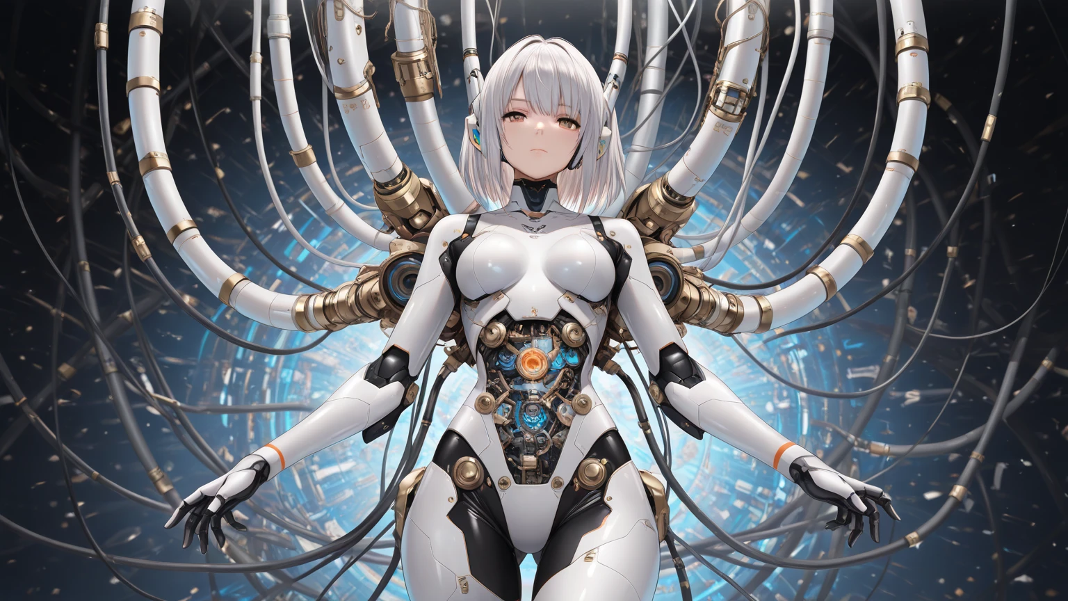 (((Masterpiece)))), (((highest quality)))), ((Ultra Definition)), (Very Detailed Photoreality), (((Very Delicate and Beautiful)), (Delicate and Pretty Face), Cinematic Light, (((1 Machine Girl)), Solo, Full Body, Big, Cleavage Is Visible Skin, White Hair, Purple Eyes, Luminous Eyes, (Mechanical Joint: 1.4), (Mechanical limbs)), (Blood vessels connected to tubes), (( Mechanical vertebrae attached to the back)), ((Cervical vertebrae of the machine) attached to the neck)), (((sitting)), expressionless, (wires and cables attached to the head and body: 1.5), (character focus), small LED lamps on the body, Evangelion, SF, gunmetallic body, detailed neon