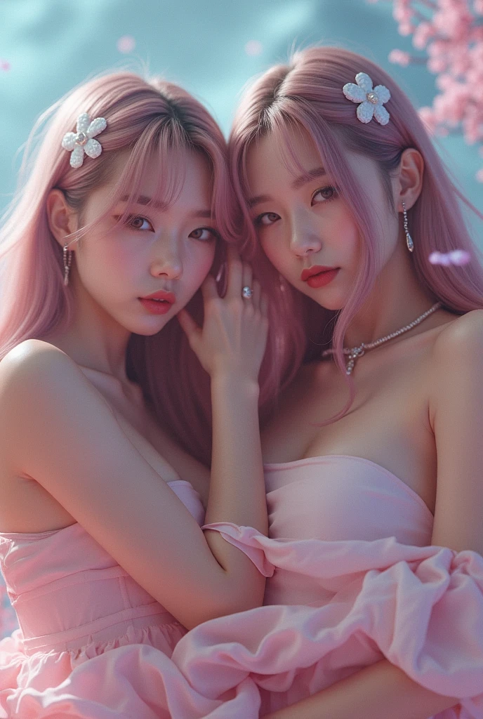 (2girls, 15yo Japanese girls),yuri, 2girls, (kiss), (female masturbation:1.5),(Panting face with closed eyes), bondage,linked collar, skindantation, shy, red cheek, in cave, Realistic:1.2),shenzi,long hair,(pink hair:1.2),purple eyes,(very long hair:1.4),separated sleeves,jewelry,wide_sleeves,(hair_ornament:1.4),( nsfw, breasts out, puffy nipples),(1 pussy), ((cum)), ((cum in pussy)), , one mole under eye, glowing eyes, piercing eyes,(hiqcgbody:0.3), (hiqcgface:0.3), epic, (royal palace), royal, ((rich, prestige)),pussy, pussy juice(There is white viscous liquid flowing out of the vulva:1.3),(sexual behaviour :1.5) ,(masterpiece, realistic, photo-realistic:1.2), finely detail, ultra high res, perfect ???????, best quality, 8K, soft focus,((masterpiece, best quality)),utifully detailed face,ultra realistic 8k cg, charming, seductive, erotic, alluring, enchanting, deity, jewelry