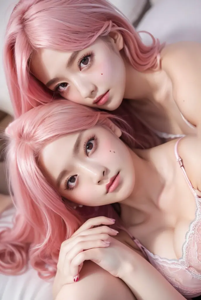 (RAW photo, best quality), (realistic, photo-realistic:1.2), 1girl, high quality, (high detailed skin:1.4), puffy eyes, gorgeous hair, (light room:1.3), (rim lighting:1.3), (lit:1.3), (sunny day:1.3), indoors, portrait, light pink hair, long hair, smirk, mole on the cheek, plump lips, necklace