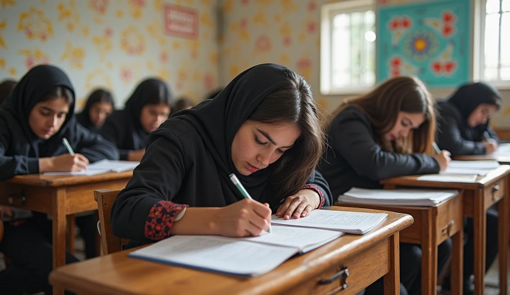 Adult muslim girl and boy in exam hall with Text written on body " Wasim on body" and "sifa on girl"