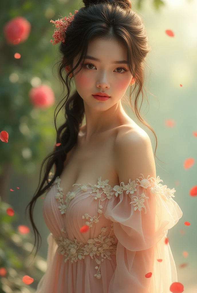 (masterpiece), best quality, high resolution, Extremely detailed, character close up, A beautiful white dress in Chinese style, Chinese elegant dress, Fine details, Cheongsam is beautiful and elegant, Colorful, Clothes floating, dramaticangle, Close to nature (close up), Require, warm color,Like sunshine,focus,Personal warmth, Champagne, The details stand out, Extra long ribbon, Open, whole body, Many details, Pink petals, Sunlight on the skin, brilliant, Hairpin, Hydrangea, boudoir.