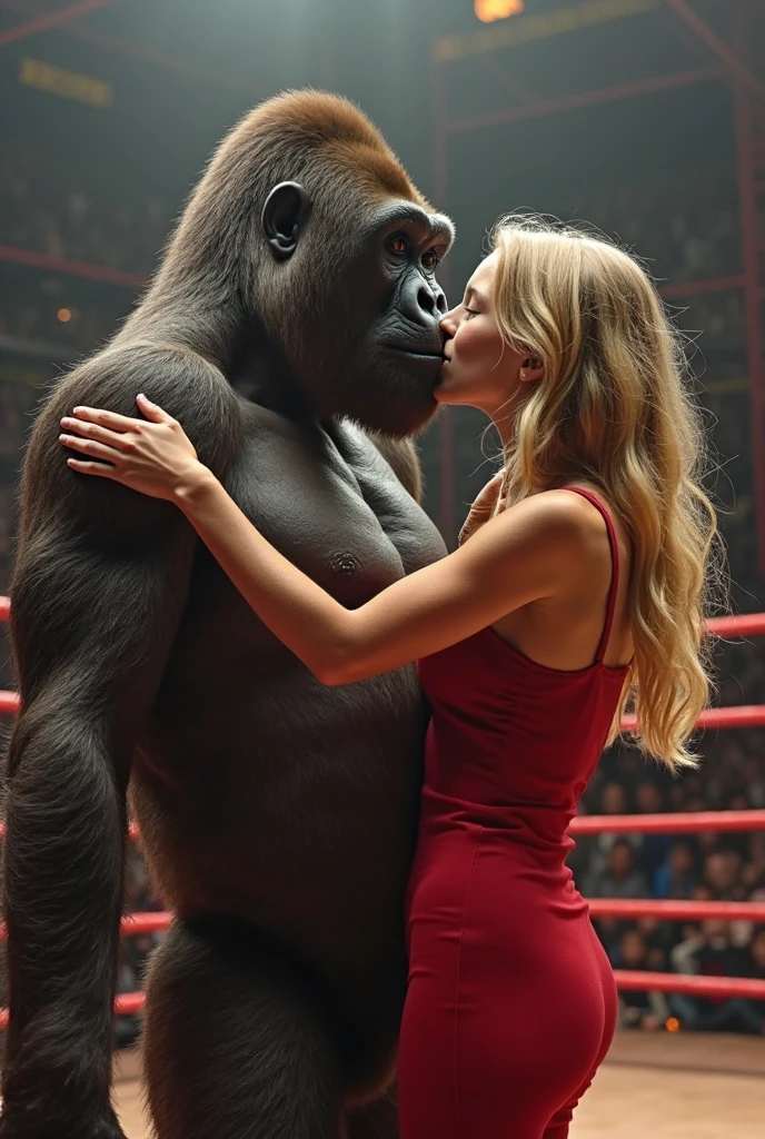 Aggressive gorilla released in the zoo holding a woman fallen to the ground, blonde woman, light teeth, earrings in her ears, people in the background running terrified, zoo workers in the background holding weapons