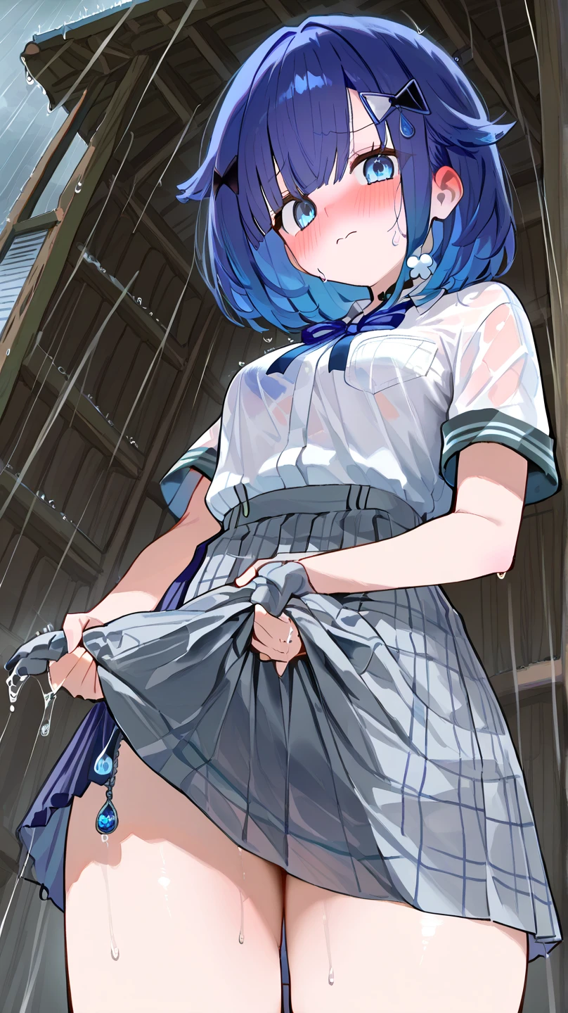 1girl, nsfw, furuderika, long hair, purple eyes, blue hair, blunt bangs, empty eyes, large breasts, nipple, Walking, Abandoned Hotel, frozen, (Sweating profusely, Love juice, Wet Woman, female ejaculation) crying, Naked, (1girl) Blank look, solo, , Peeing, lactation, projectile lactation