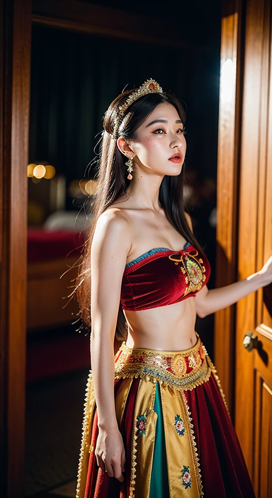 (Hyperrealistic,)4K,35mm,hyper-high detail, Professional lighting, Best quality, 超高分辨率, Visually stunning, (1girll:1.1), (Hmong clothing ),realskin,(Perfect body 1.3)(Ultra-delicate face),Open navel